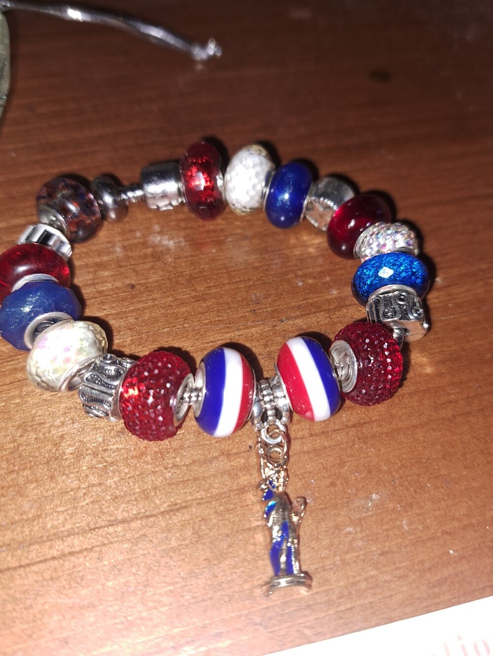Handmade Red, White, & Blue Beaded Bracelet With Charms And Keychain Added NEW